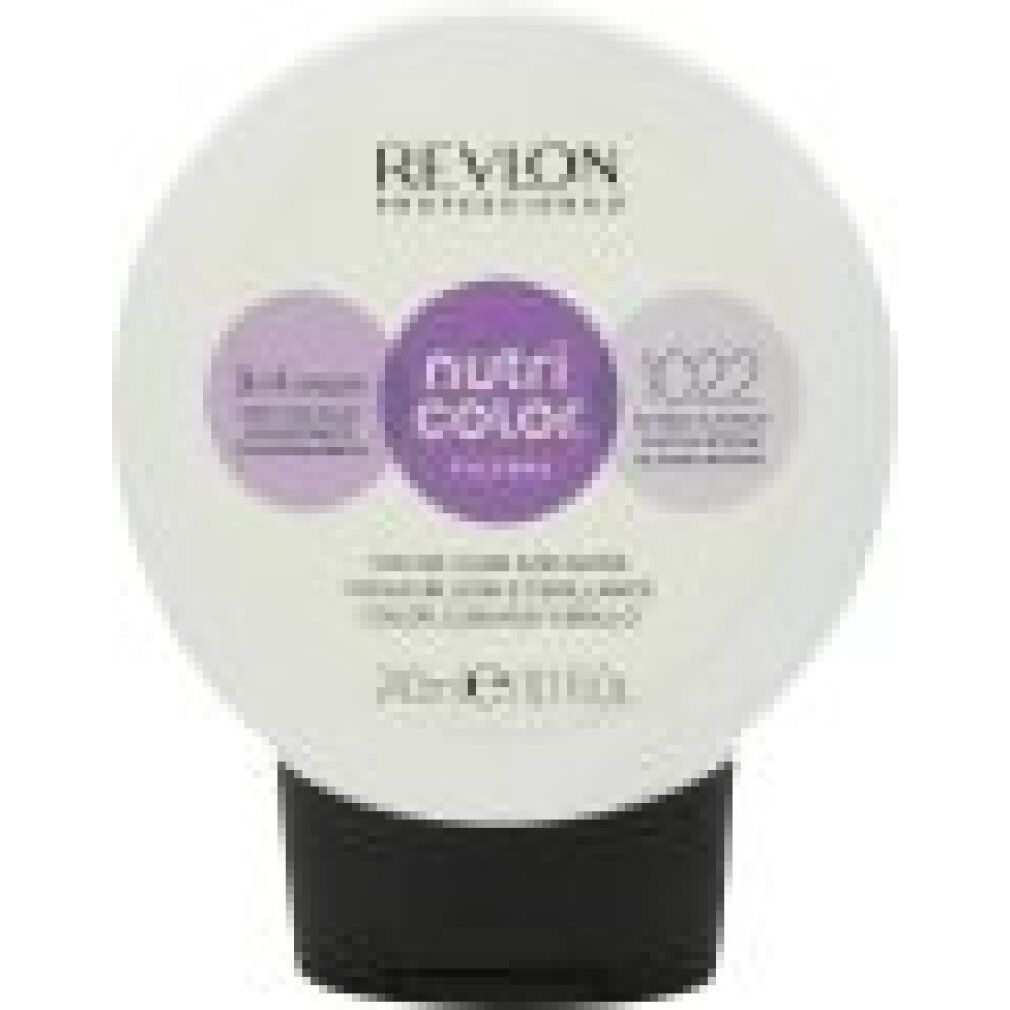 Haarkleurproduct van Revlon. Ronde tube met zwarte dop. Opschrift: Nutri Color Filters 1022 Intense Platinum. 3-in-1 crème.