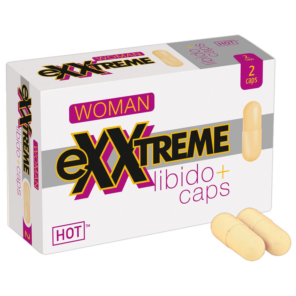 Capsules in een doos. Opschrift: eXXtreme Libido+ caps, HOT, WOMAN. Twee capsules ernaast.