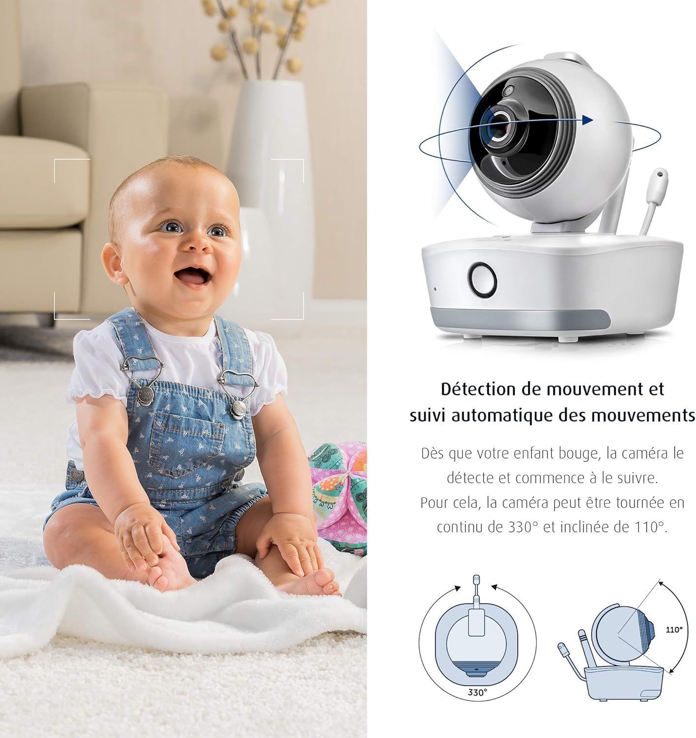 Caméra bébé blanche avec fonction panoramique et inclinaison, détection de mouvement.