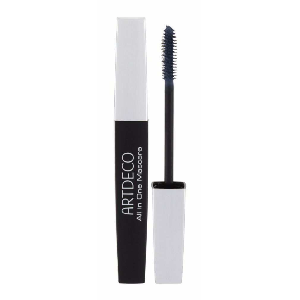 Tube de mascara noir avec manche blanc et brosse bleue. Inscription: ARTDECO All in One Mascara. Brosse debout.