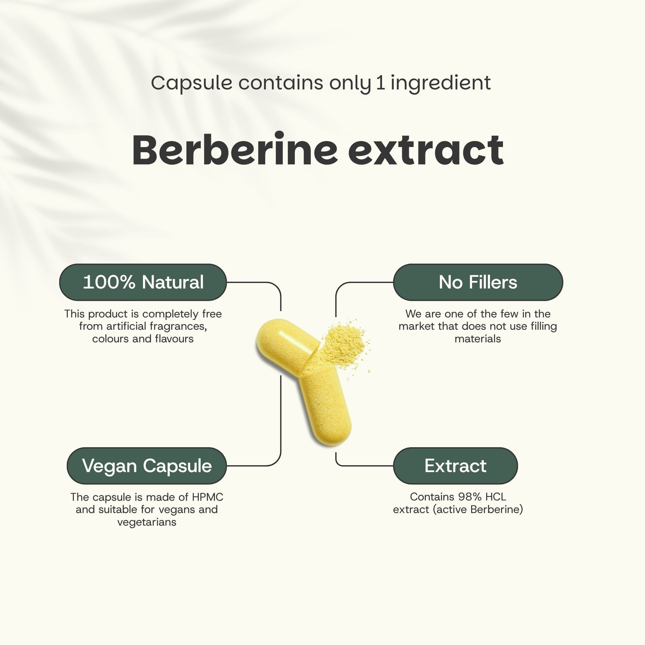 Image d'une gélule de berbérine jaune. Texte avec des informations sur le contenu.