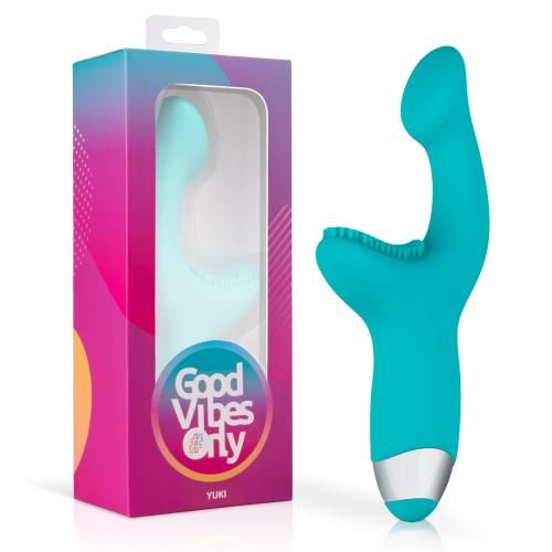 Turquoise vibrator met zilverkleurig uiteinde, in verpakking met venster. Op de verpakking staat "Good Vibes Only".