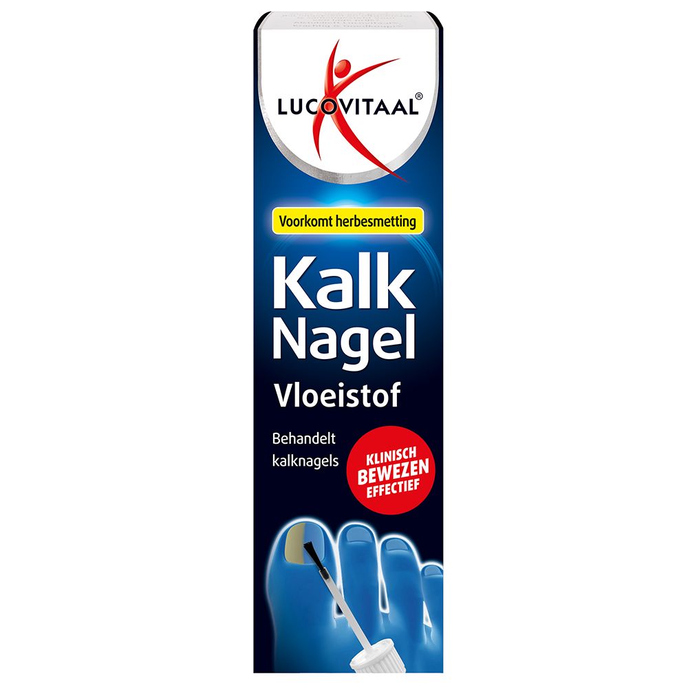 Verpakking met productnaam en logo. Tekst: Kalk Nagel Vloeistof. Illustratie van een voet met nagelbehandeling.
