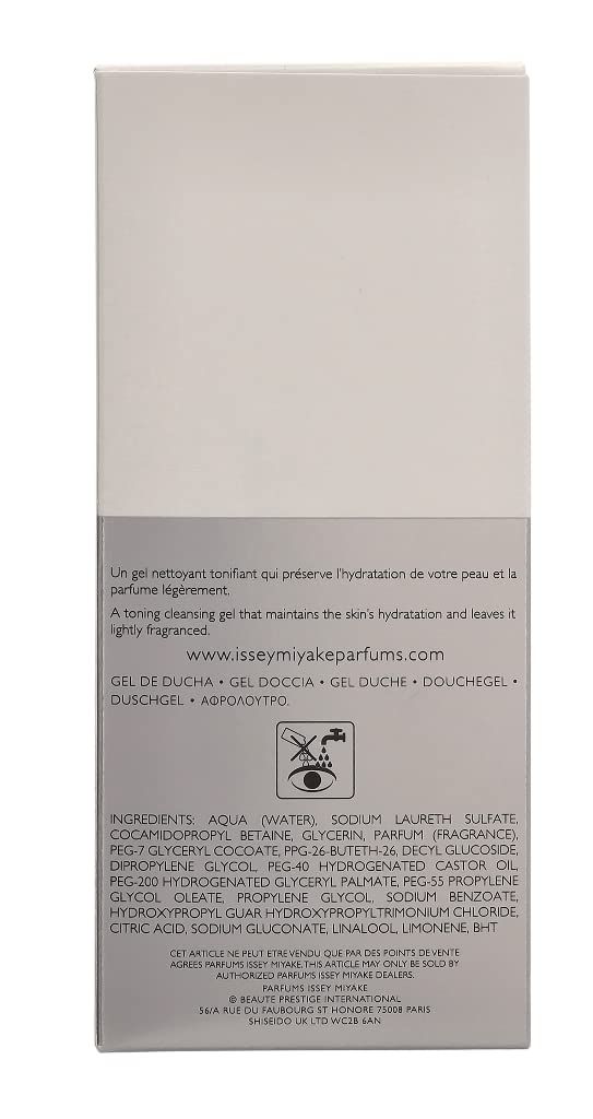 Dos de l'emballage du gel douche Issey Miyake. Texte: Ingrédients, www.isseymiyakeparfums.com, symboles de recyclage.