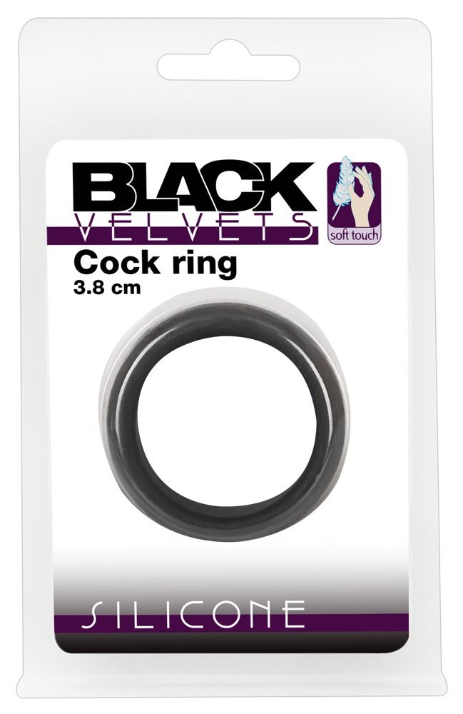 Emballage avec bague de pénis noire en silicone, 3.8 cm.