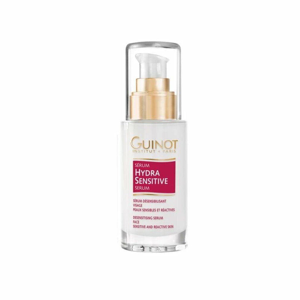 Guinot Hydra Sensitive Serum. Witte fles met gouden dop en rood etiket. Met doseerpomp.