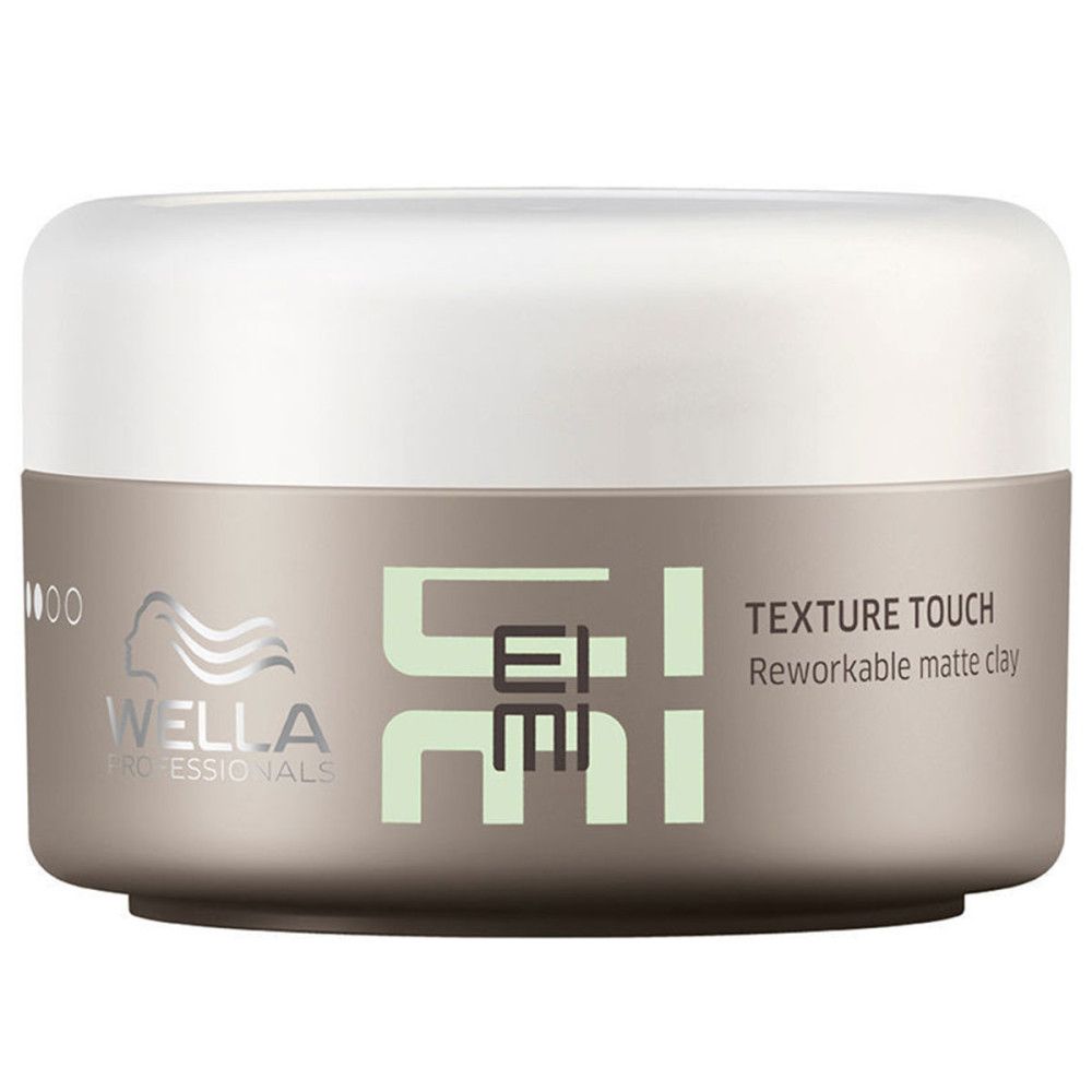 Ronde pot met witte deksel. Opschrift: EIMI TEXTURE TOUCH, Wella Professionals logo.
