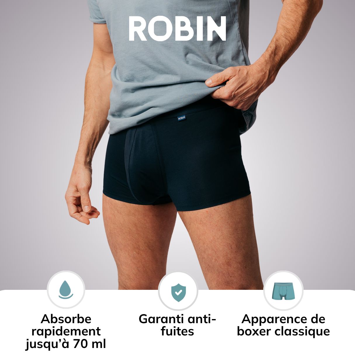 Boxer homme: absorption rapide jusqu'à 70ml, garantie anti-fuites, aspect boxer classique.