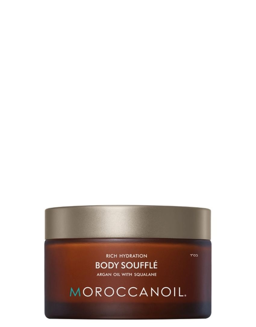 Bruine pot met gouden deksel. Opschrift: Body Soufflé, arganolie met squalaan. Merk: Moroccanoil.