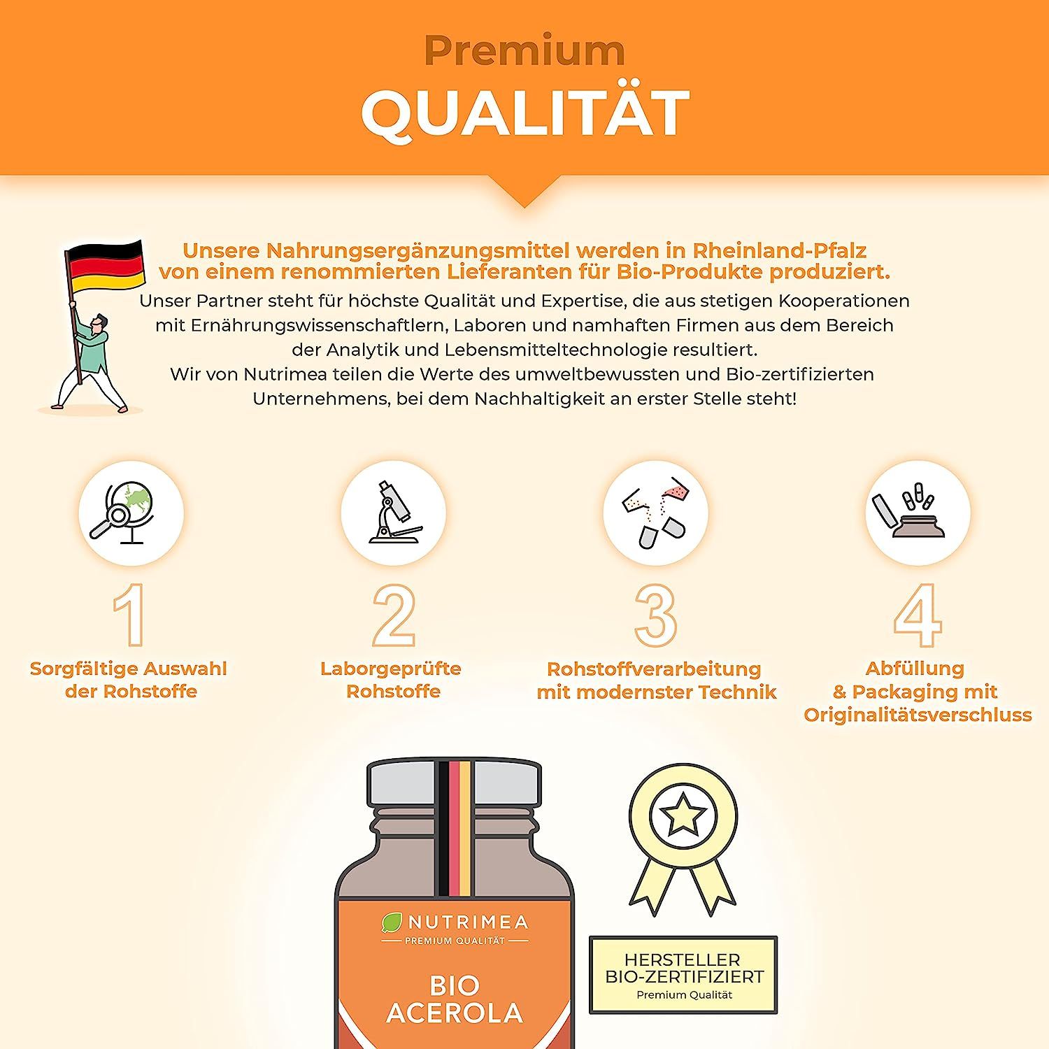 Infographie: Qualité Premium. Étapes: Sélection des matières premières, tests en laboratoire, traitement, emballage. Certification du fabricant. Flacon.