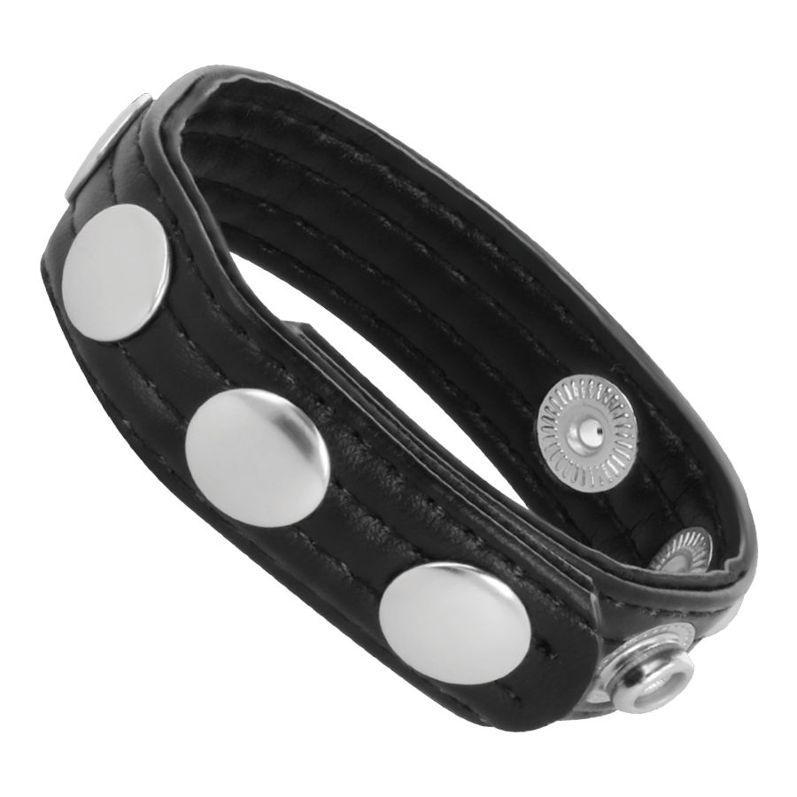 Anneau noir en cuir avec trois boutons-pression argentés et rivets, réglable.