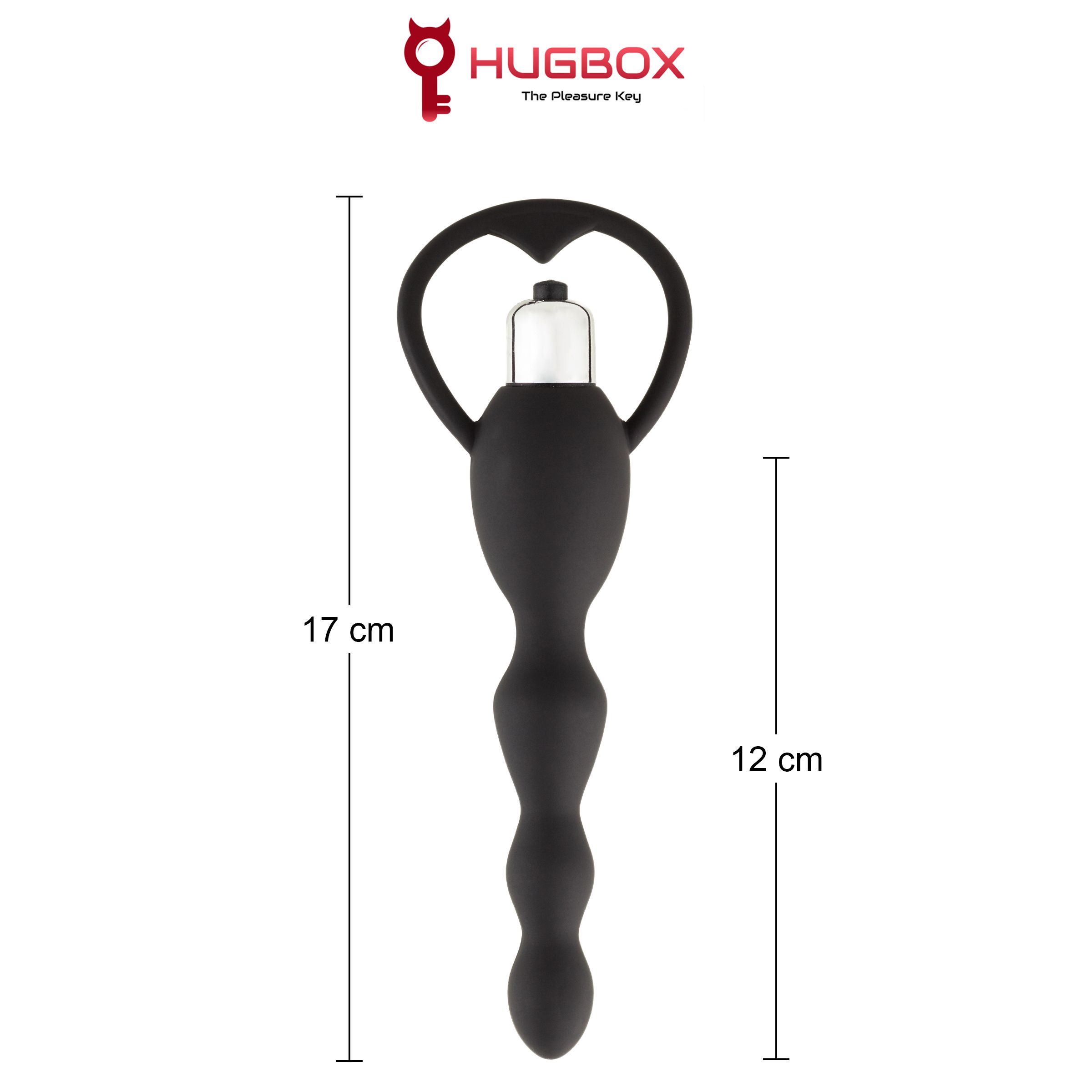 Produit intime noir avec poignée. Dimensions : 17 cm x 12 cm. Logo : HUGBOX The Pleasure Key.