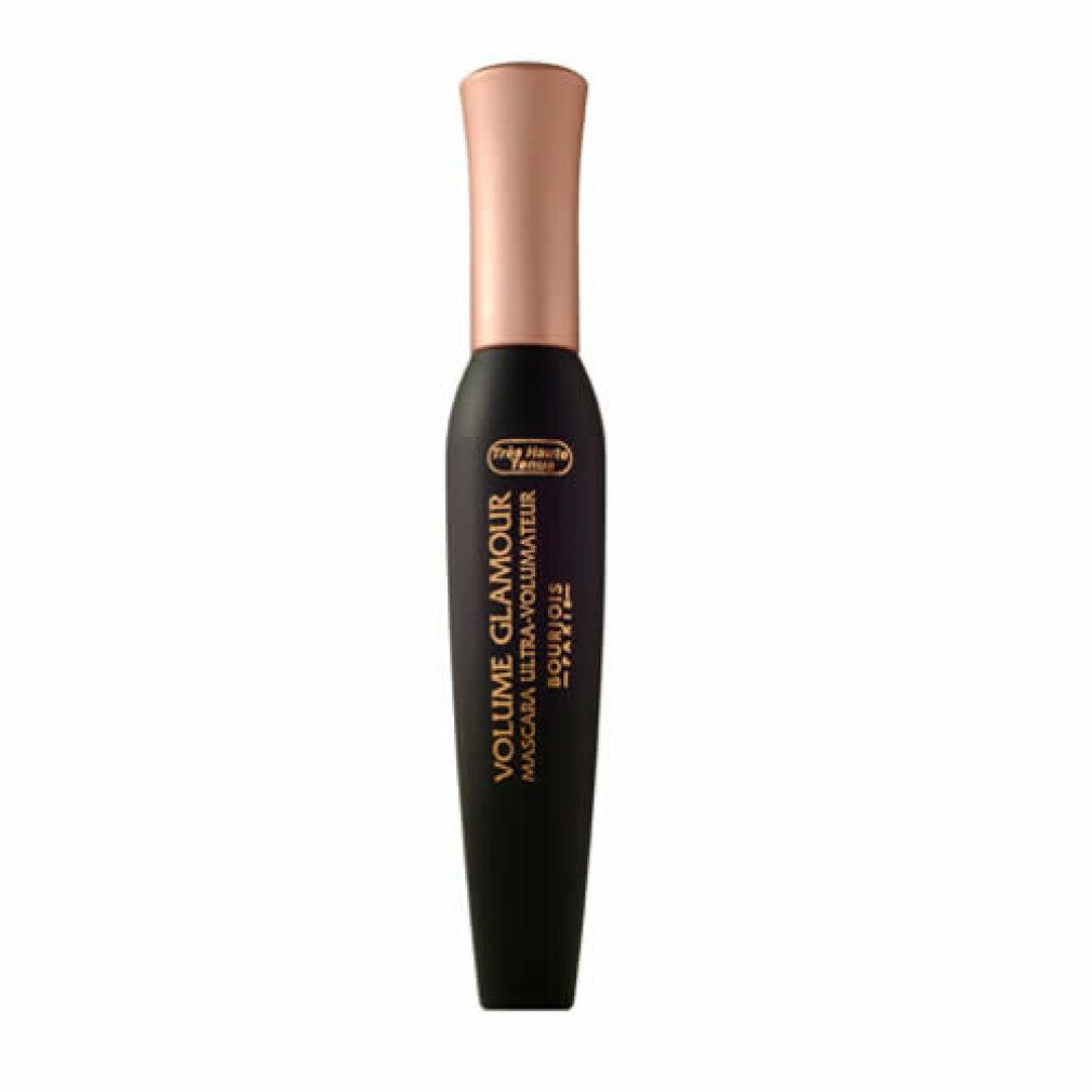 Tube de mascara noir avec capuchon rose doré. Inscription : VOLUME GLAMOUR, BOURJOIS.