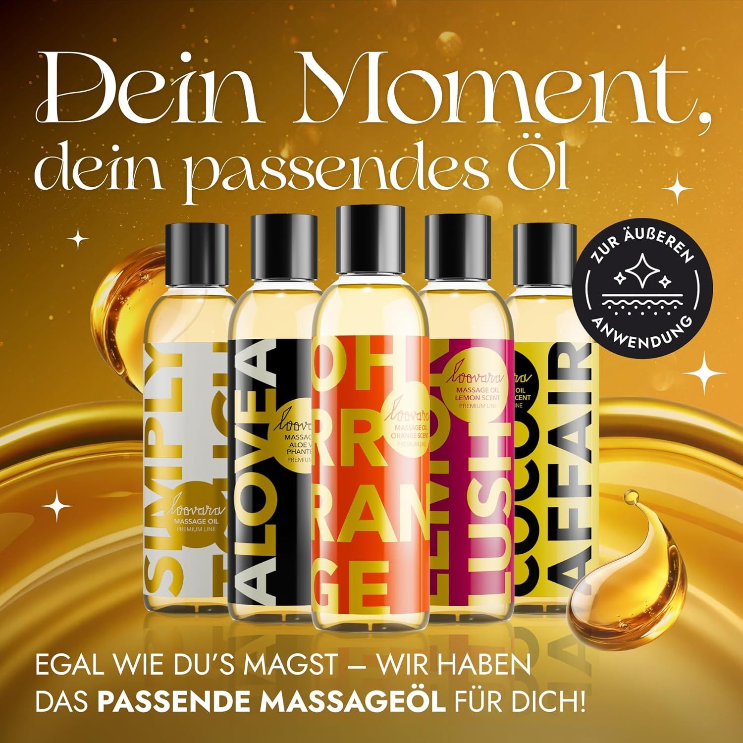 Cinq bouteilles d'huile de massage LOOVARA avec différentes étiquettes, dont ALOVEA.