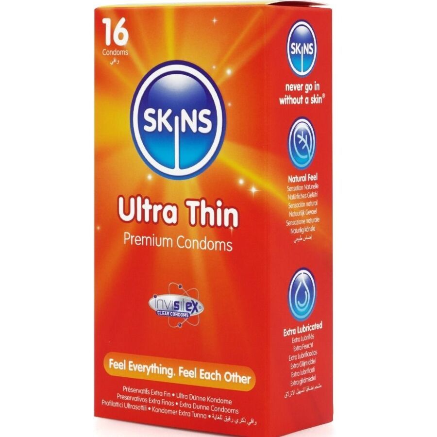 Boîte de 16 préservatifs SKINS Ultra Thin. Emballage rouge avec des éléments bleus et blancs. Texte multilingue.