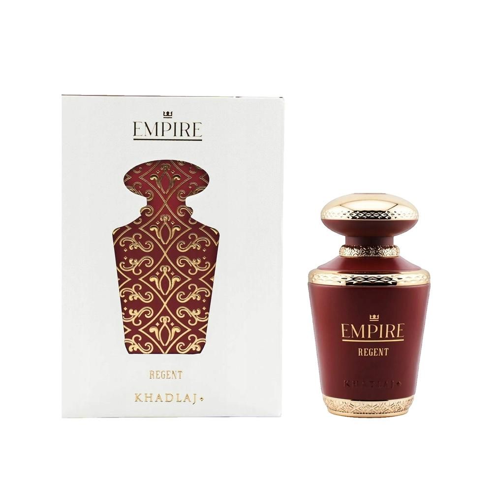 Parfumfles en verpakking. Rode fles met gouden dop. Witte verpakking met rood patroon en tekst.