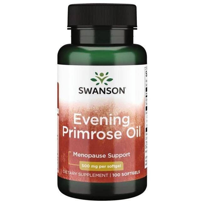 Groene fles met zwarte dop. Opschrift: SWANSON, Evening Primrose Oil, 500 mg per softgel. 100 softgels.
