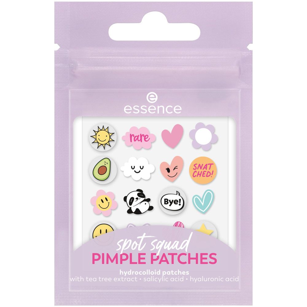 Emballage de patchs anti-boutons. Marque Essence. Autocollants avec soleil, nuage, cœur, fleur, avocat, panda, étoile, smiley. Texte : Spot Squad Pimple Patches.