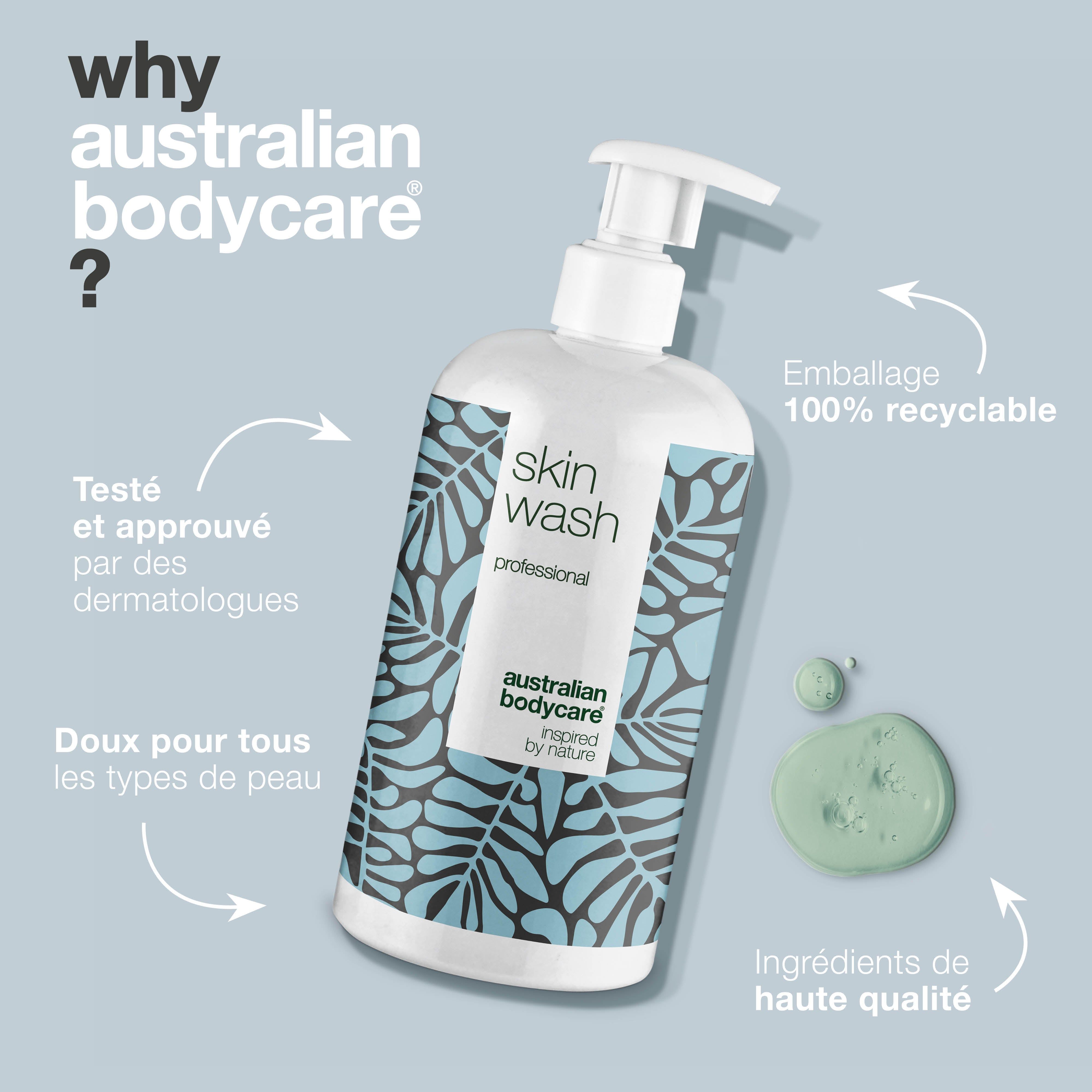 Flacon : Skin Wash professional, Australian Bodycare. Texte : Testé et approuvé par des dermatologues, emballage 100% recyclable.