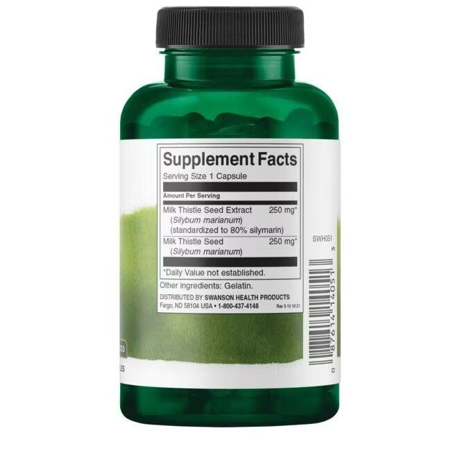 Dos d'une bouteille verte. Étiquette avec informations nutritionnelles et ingrédients: Milk Thistle Seed Extract.