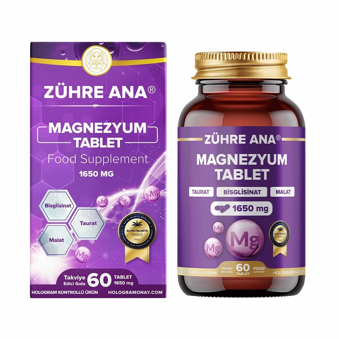 Zühre Ana Magnesium tabletten 1650 mg: flesje en doos met 60 tabletten.