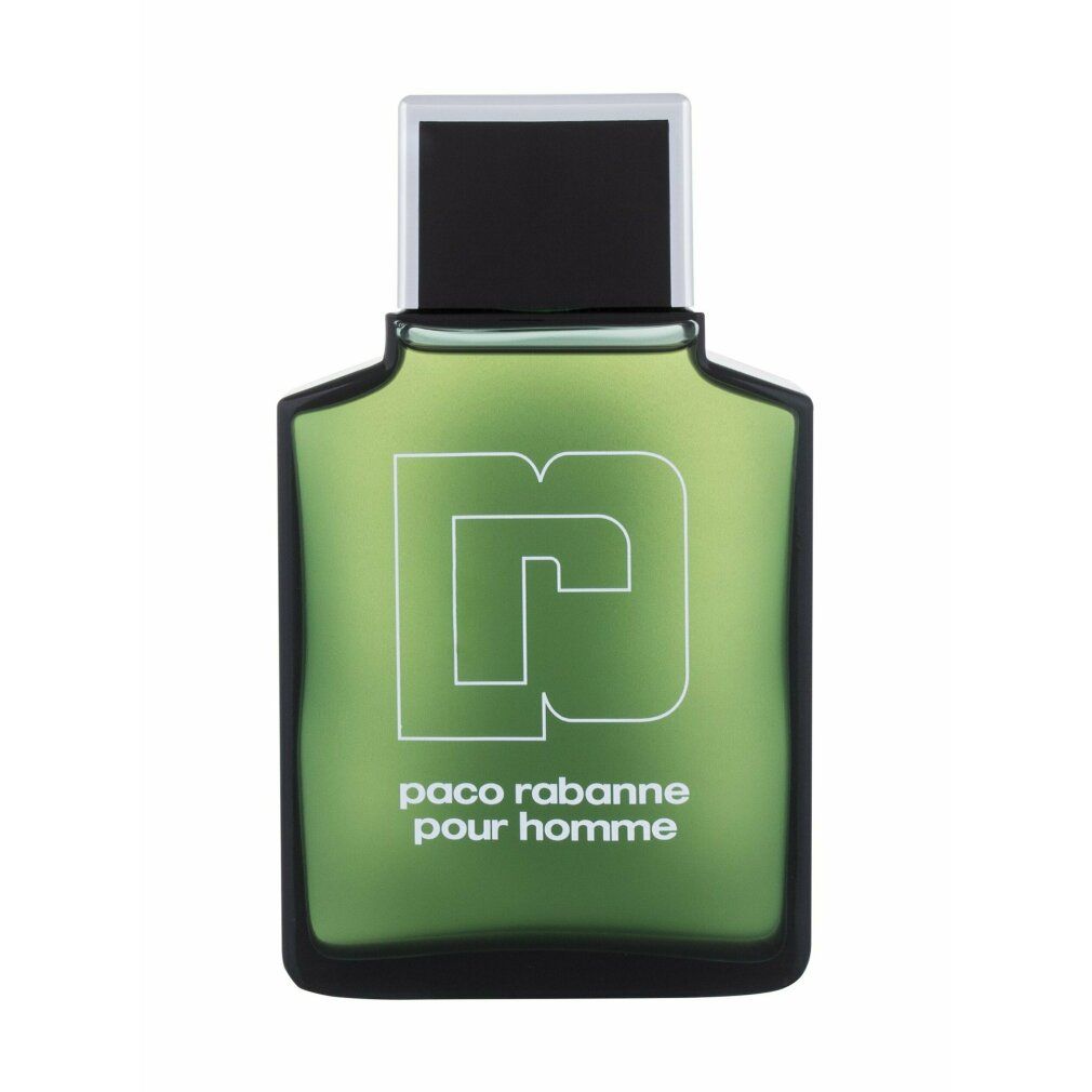 Flacon Paco Rabanne Pour Homme Eau de Toilette. Vert, angulaire, logo et texte blancs.