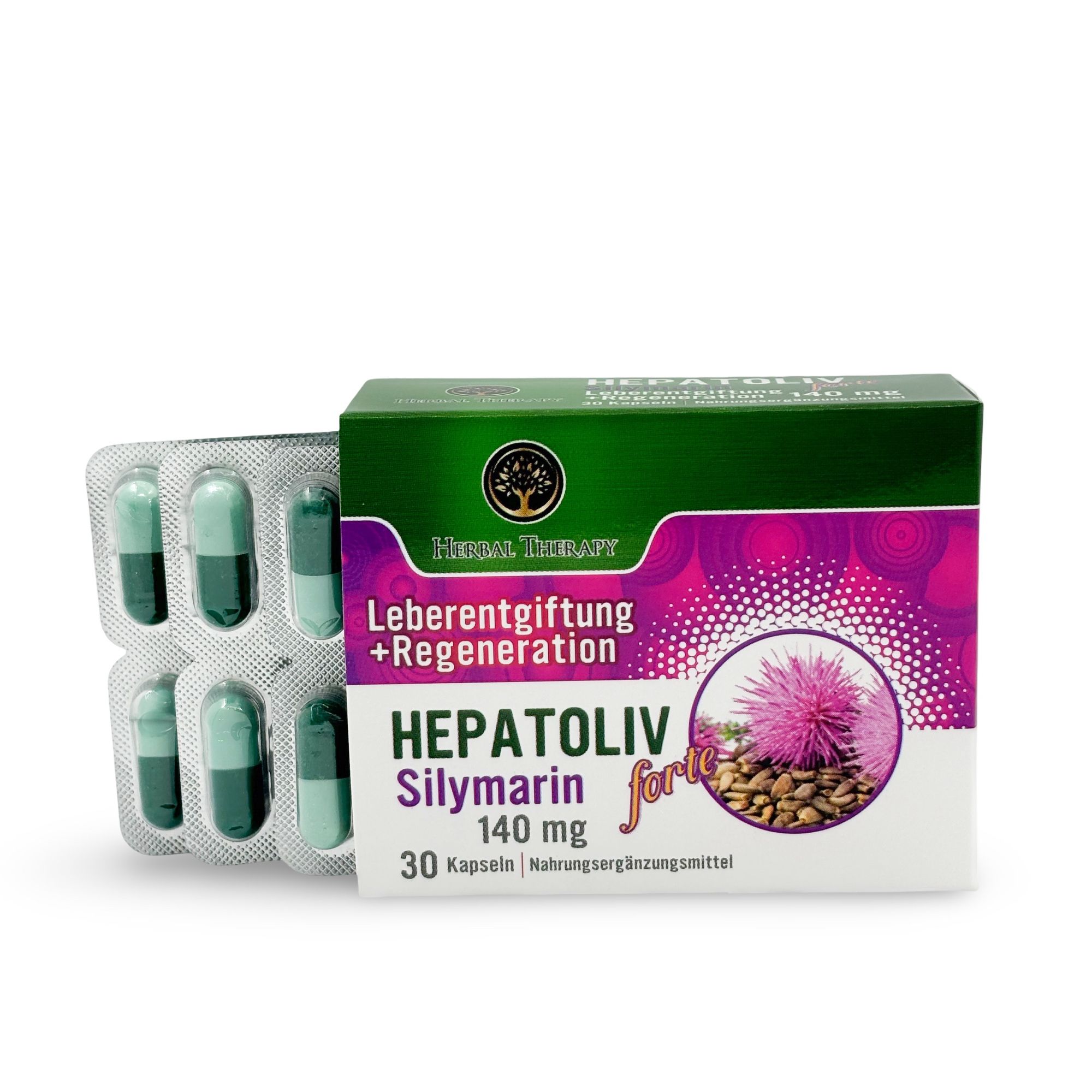 Doosje HEPATOLIV Silymarin forte 140 mg en blister met capsules. 30 capsules. Voedingssupplement.