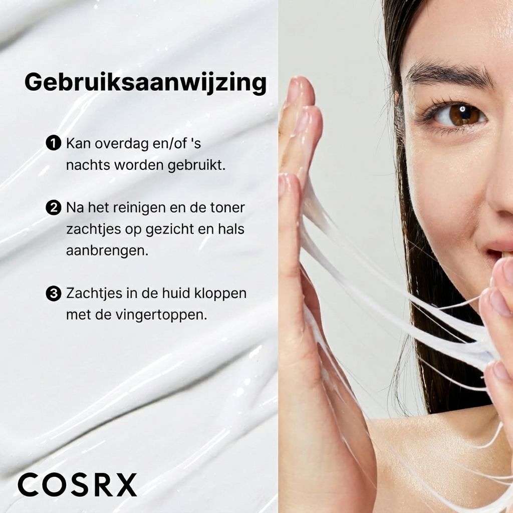 Gebruiksaanwijzing COSRX slakkencrème: 's ochtends/avonds, na reiniging, zachtjes inkloppen.