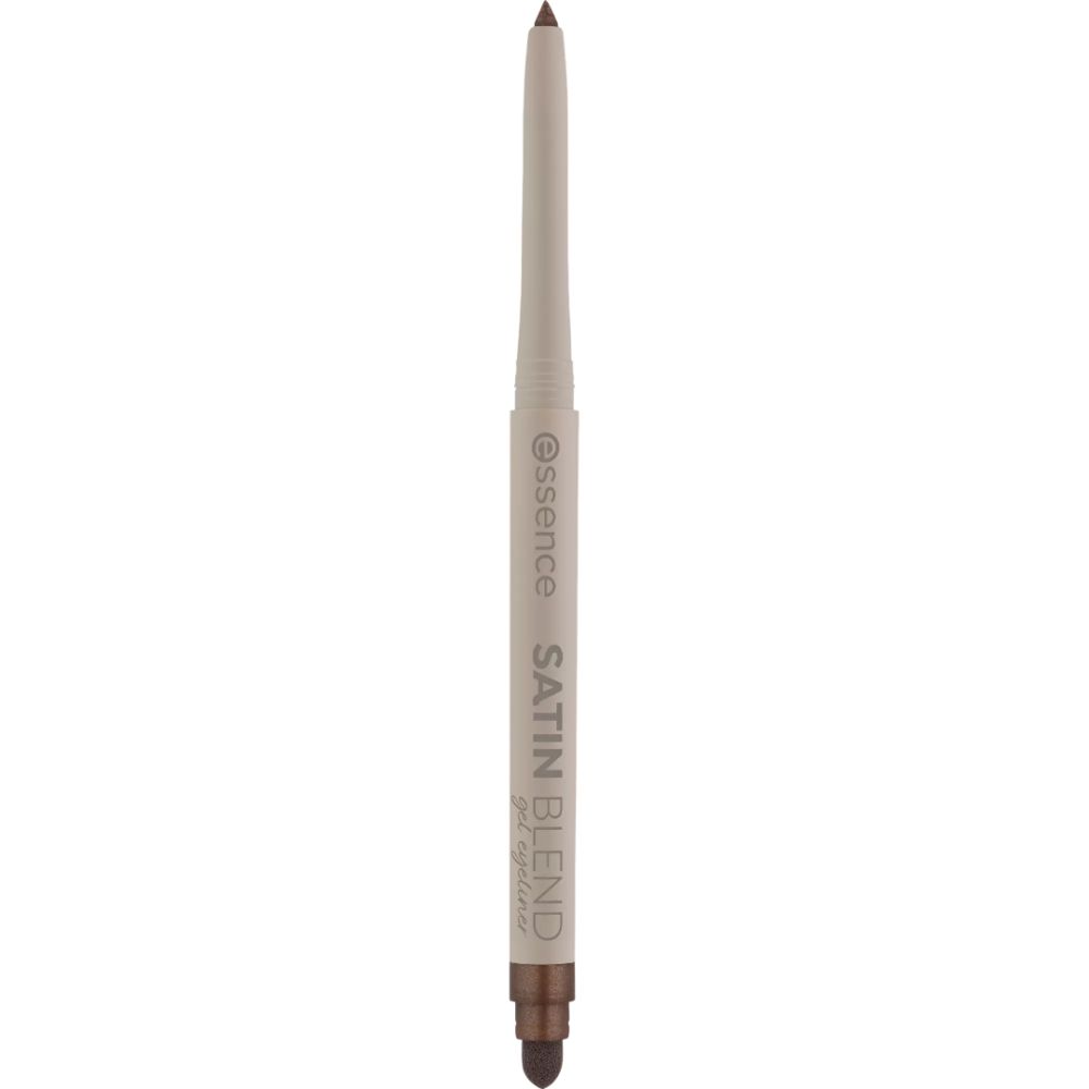 Eyeliner gel Essence Satin Blend. Crayon beige avec mine marron. Nom du produit et marque imprimés sur le crayon.