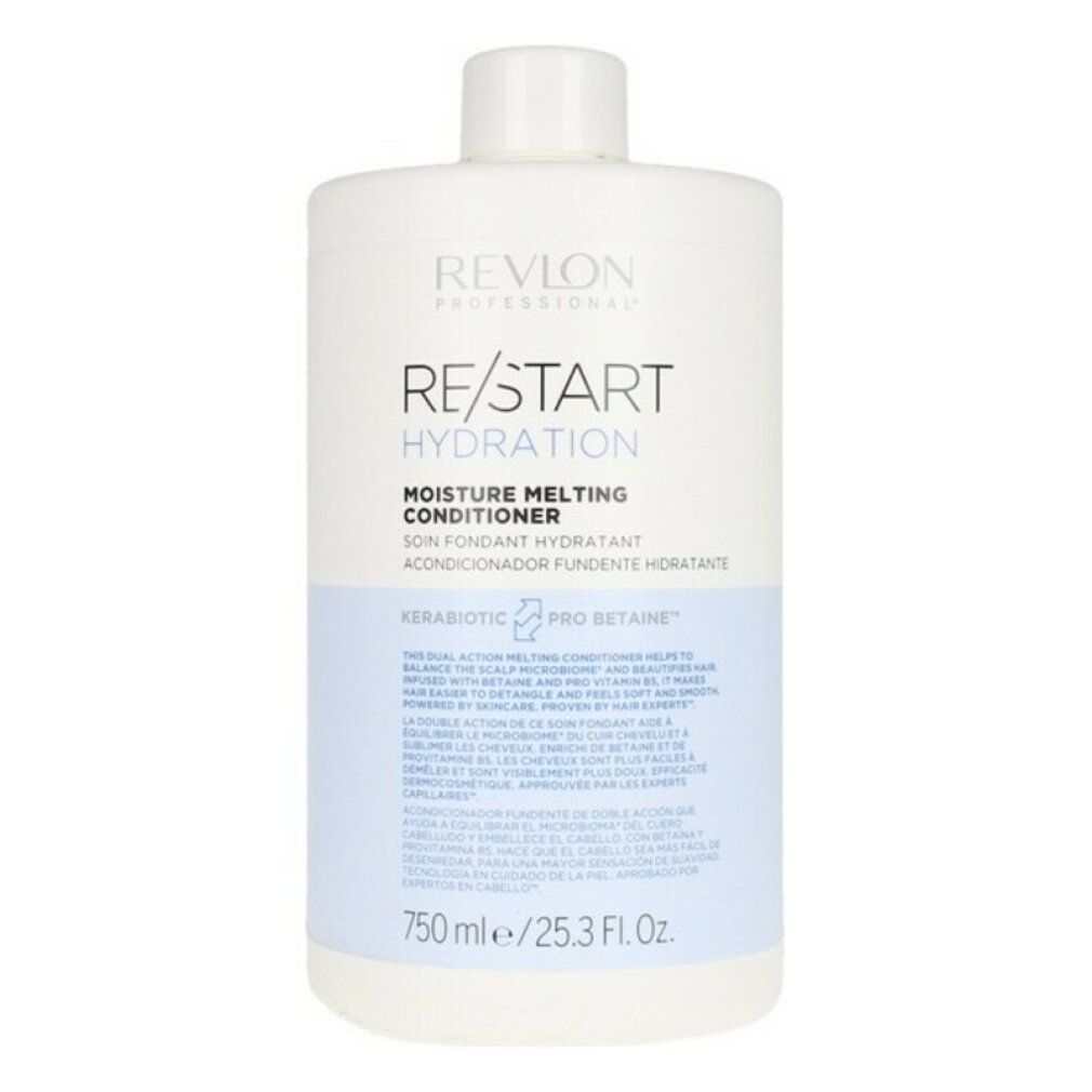 Witte conditionerfles. Opschrift: Revlon Professional, Re-Start Hydration, Moisture Melting Conditioner. Inhoud: 750 ml.