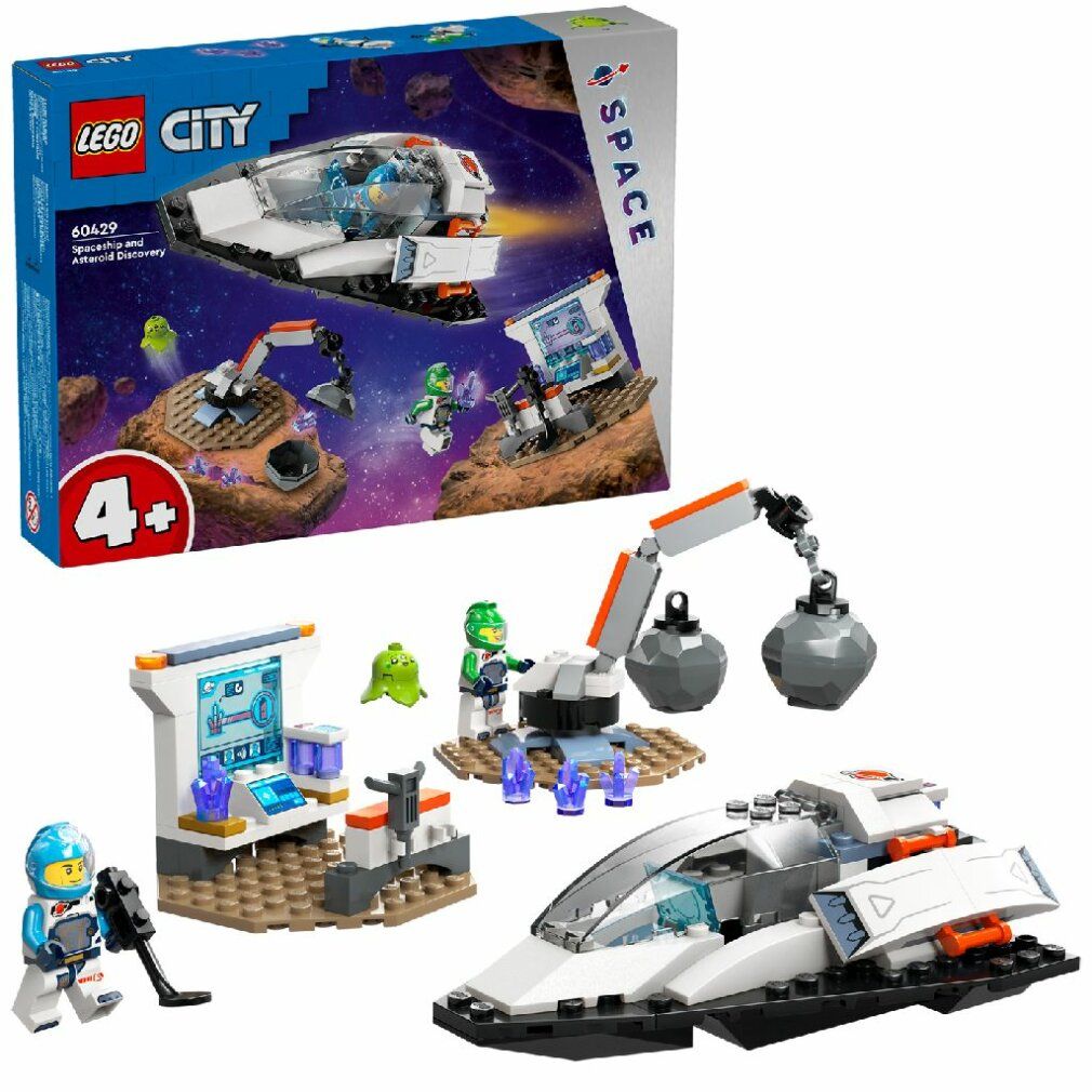 LEGO City set. Ruimteschip, robots, figuren en accessoires. Verpakking met ruimteschip illustratie. Aanbevolen leeftijd 4+.