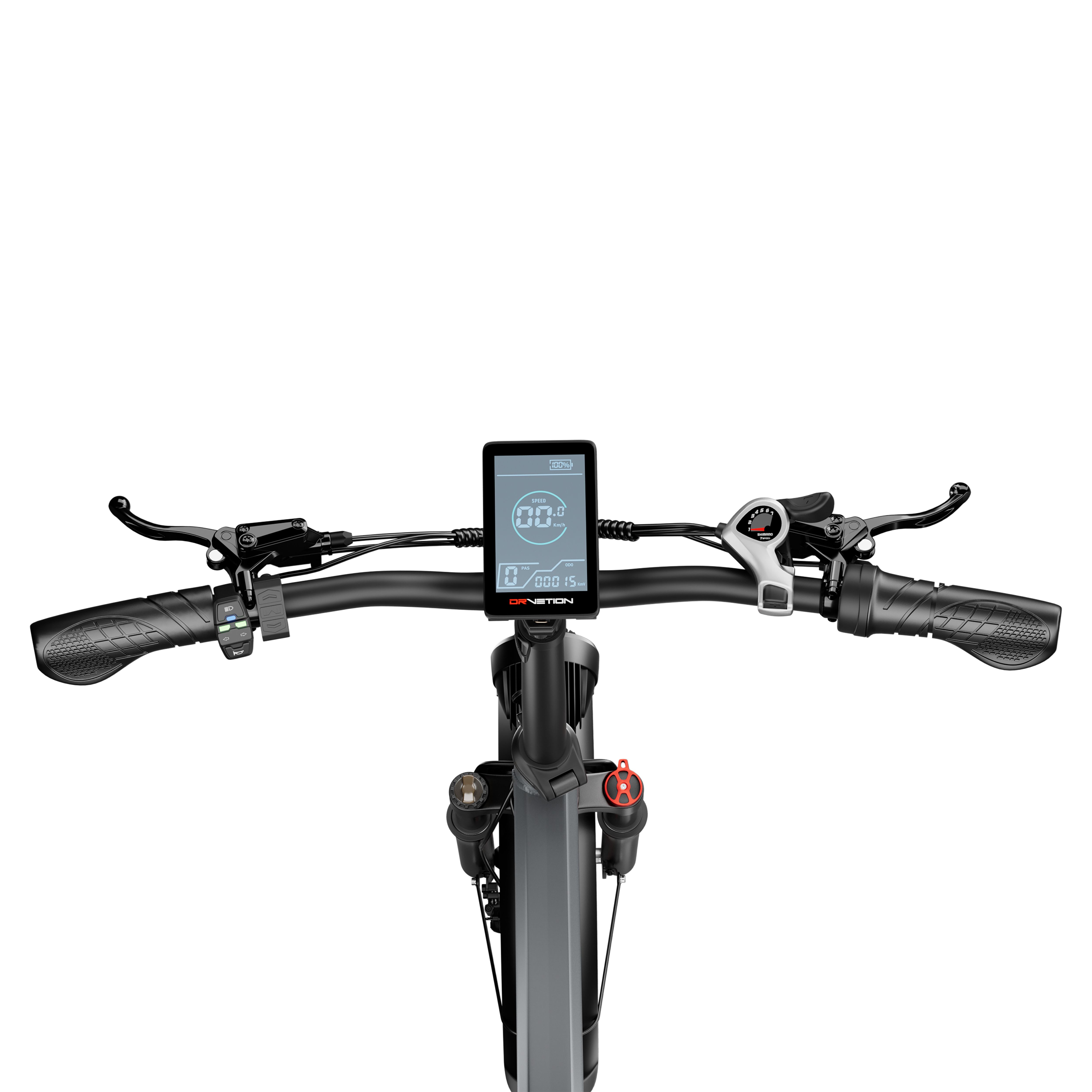 Stuur van een e-bike. Digitaal display, bedieningselementen. Merk: DrveTion. Zwarte kleur.