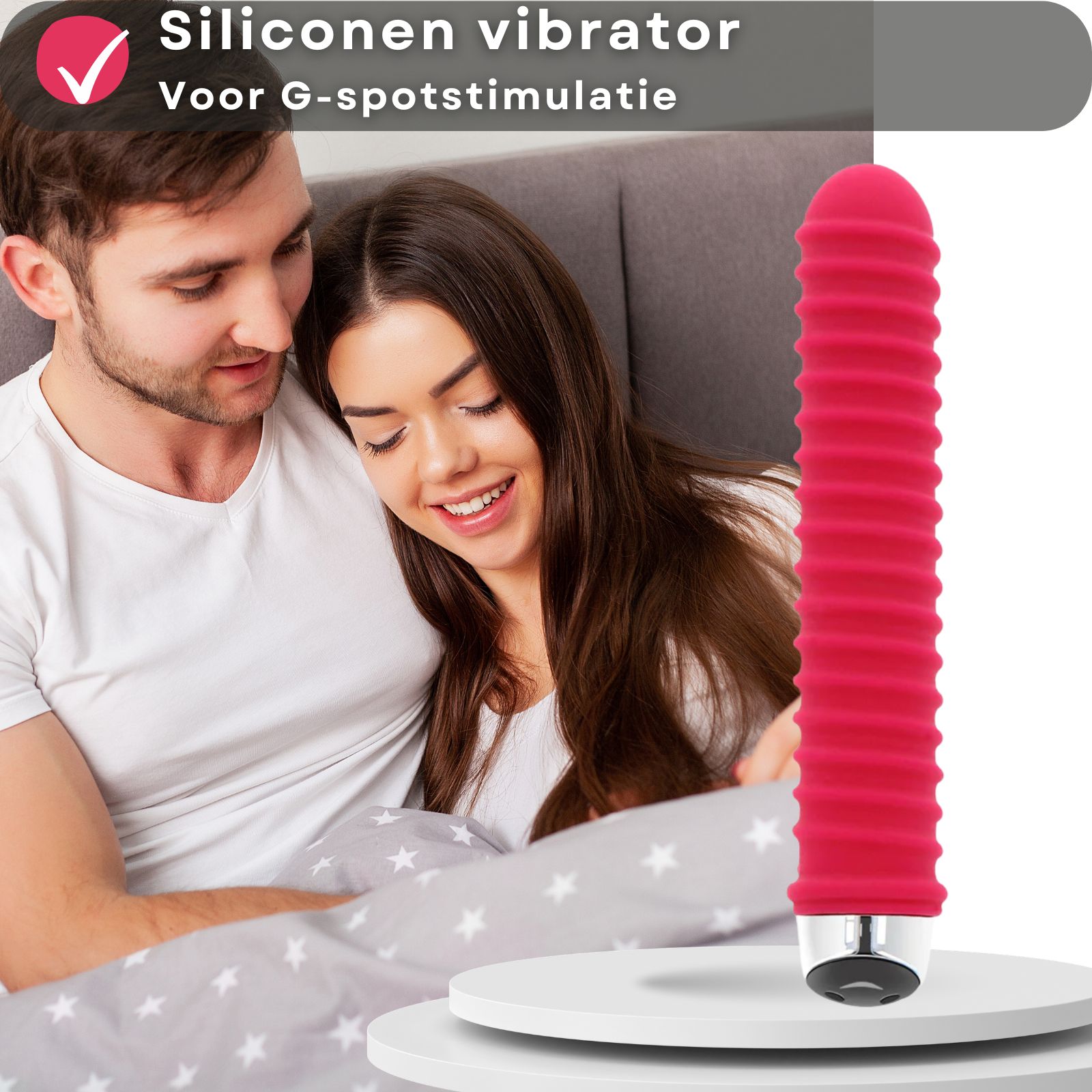 Rode vibrator met groeven. Tekst: Siliconen vibrator, voor G-spot stimulatie.