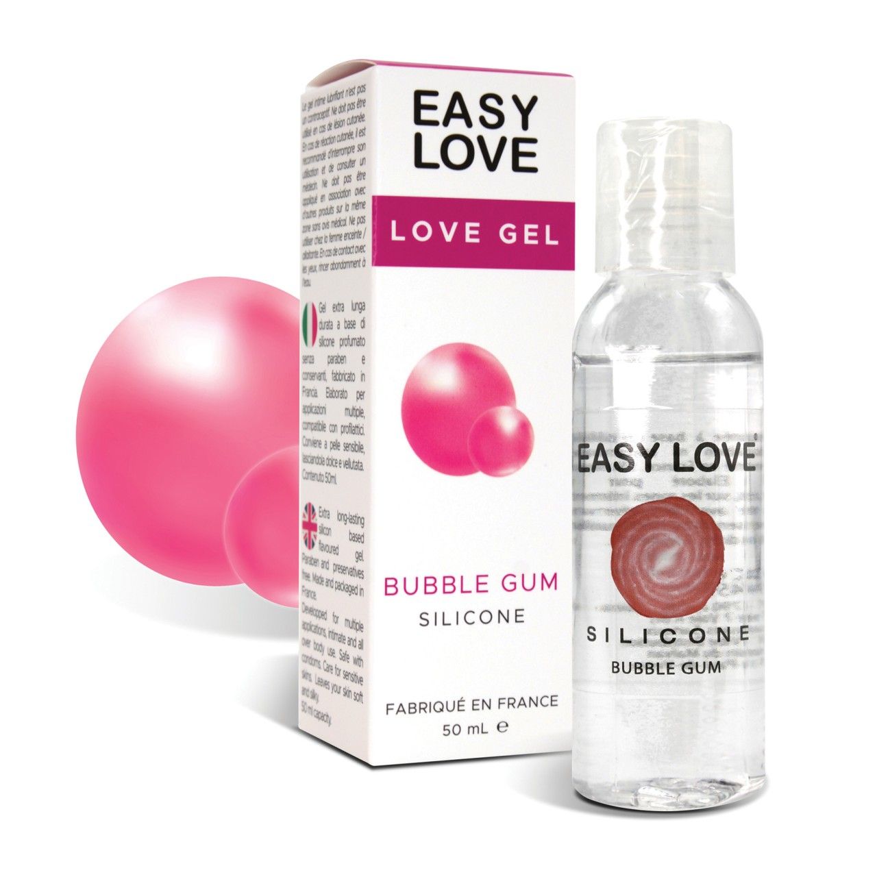 Verpakking en fles. Opschriften: EASY LOVE, LOVE GEL, BUBBLE GUM, SILICONE. Fles met transparante vloeistof.