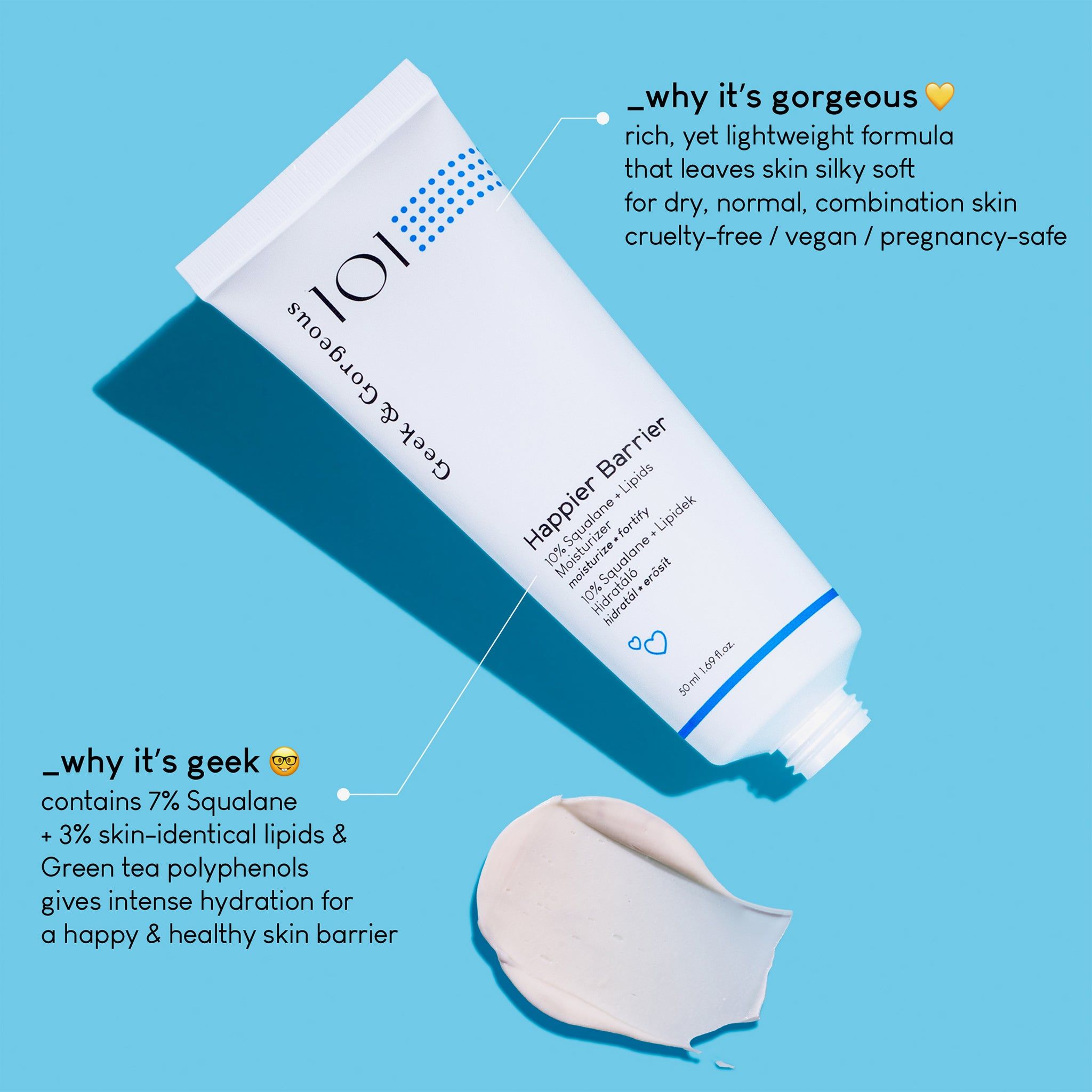 Witte tube Happier Barrier met blauwe details. Tekst: 101, Geek & Gorgeous, Happier Barrier, Moisturizer. Product op blauwe achtergrond met crème.