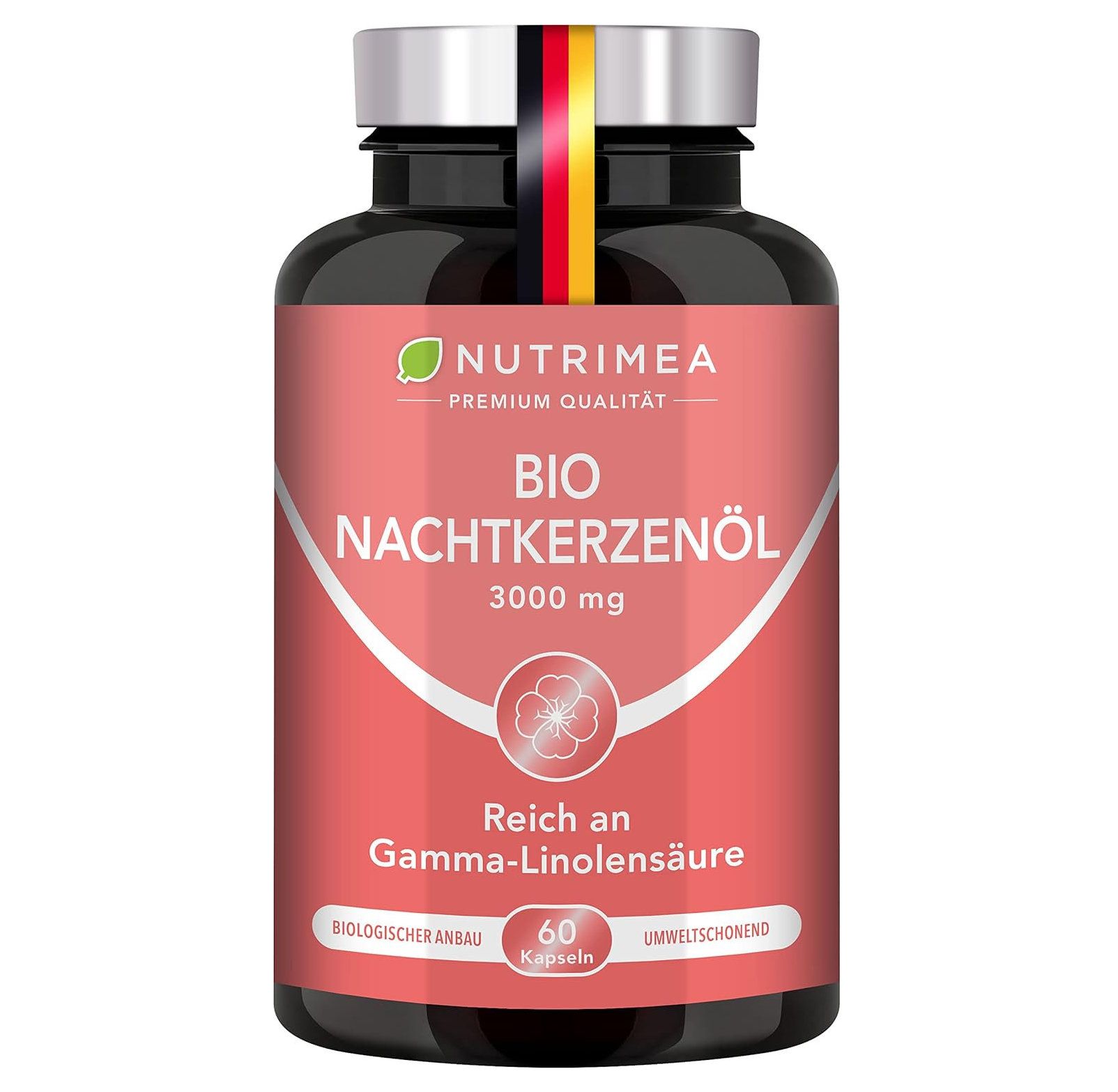 Bruine fles met roze etiket. Opschrift: BIO Nachtkerzenöl 3000 mg, 60 capsules. Met Duitse vlag.