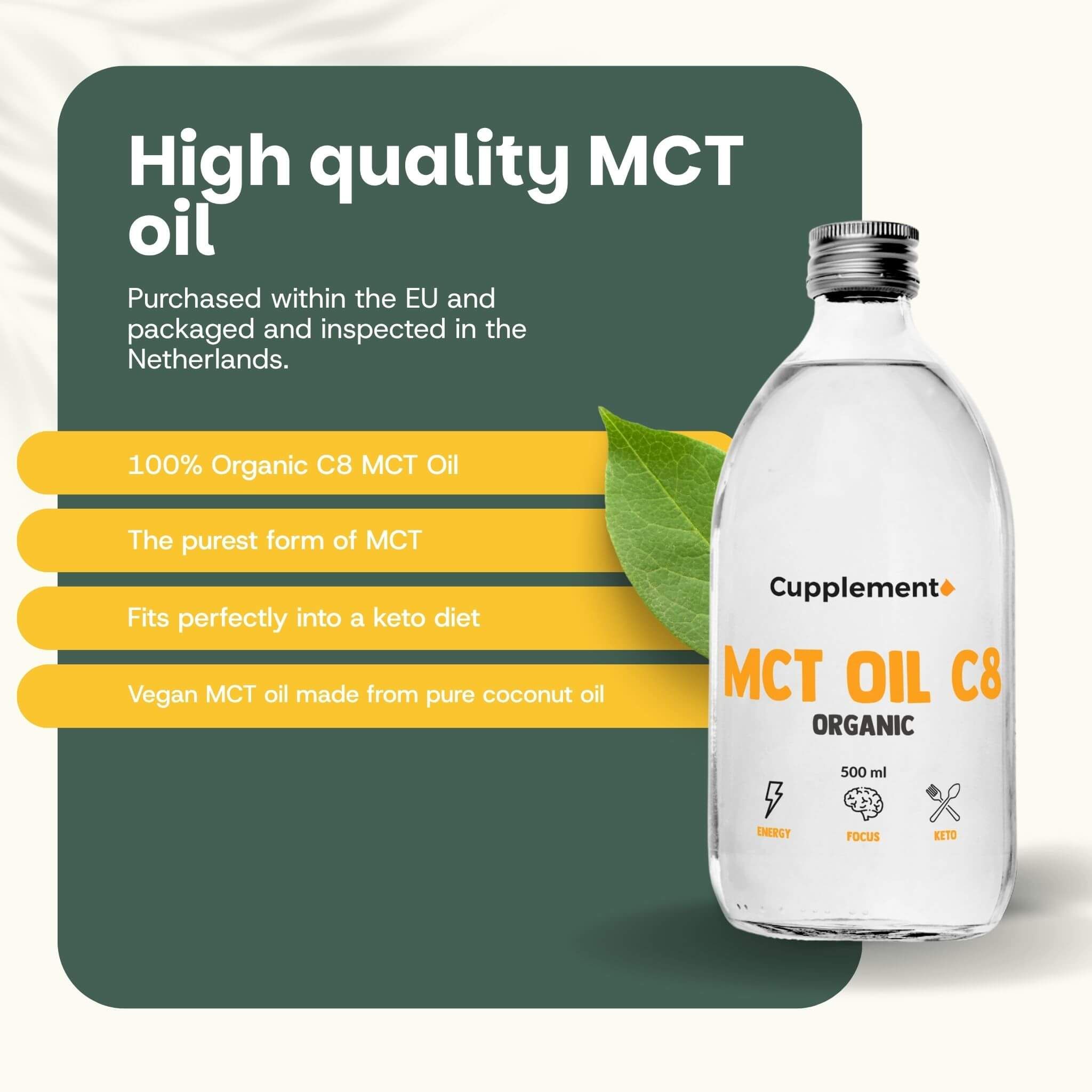 Bouteille MCT Oil C8 Organic, 500 ml. Texte : 100% Bio C8 MCT Oil, la forme la plus pure de MCT, convient au régime céto.