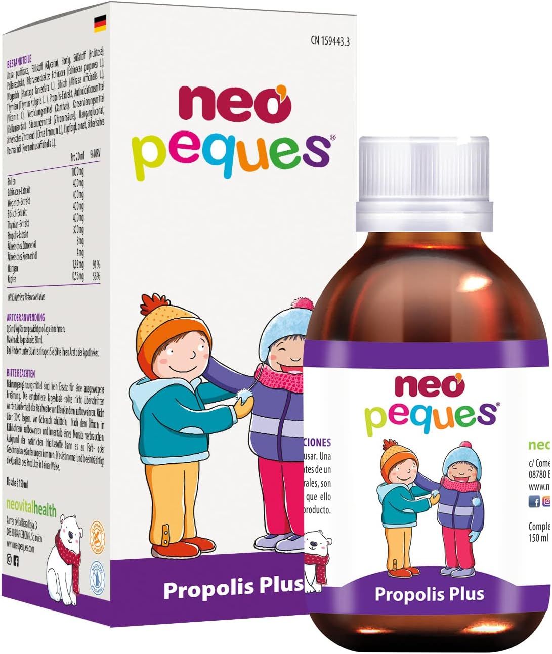 Productfles en verpakking. Bruine fles met witte dop. Etiket met productnaam en illustratie van kinderen. Doos met tekst.