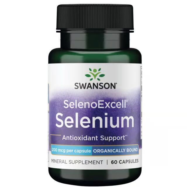 Flacon vert foncé avec étiquette blanche. Inscription: SWANSON SelenoExcell Sélénium 200 mcg. 60 gélules. Soutien antioxydant.
