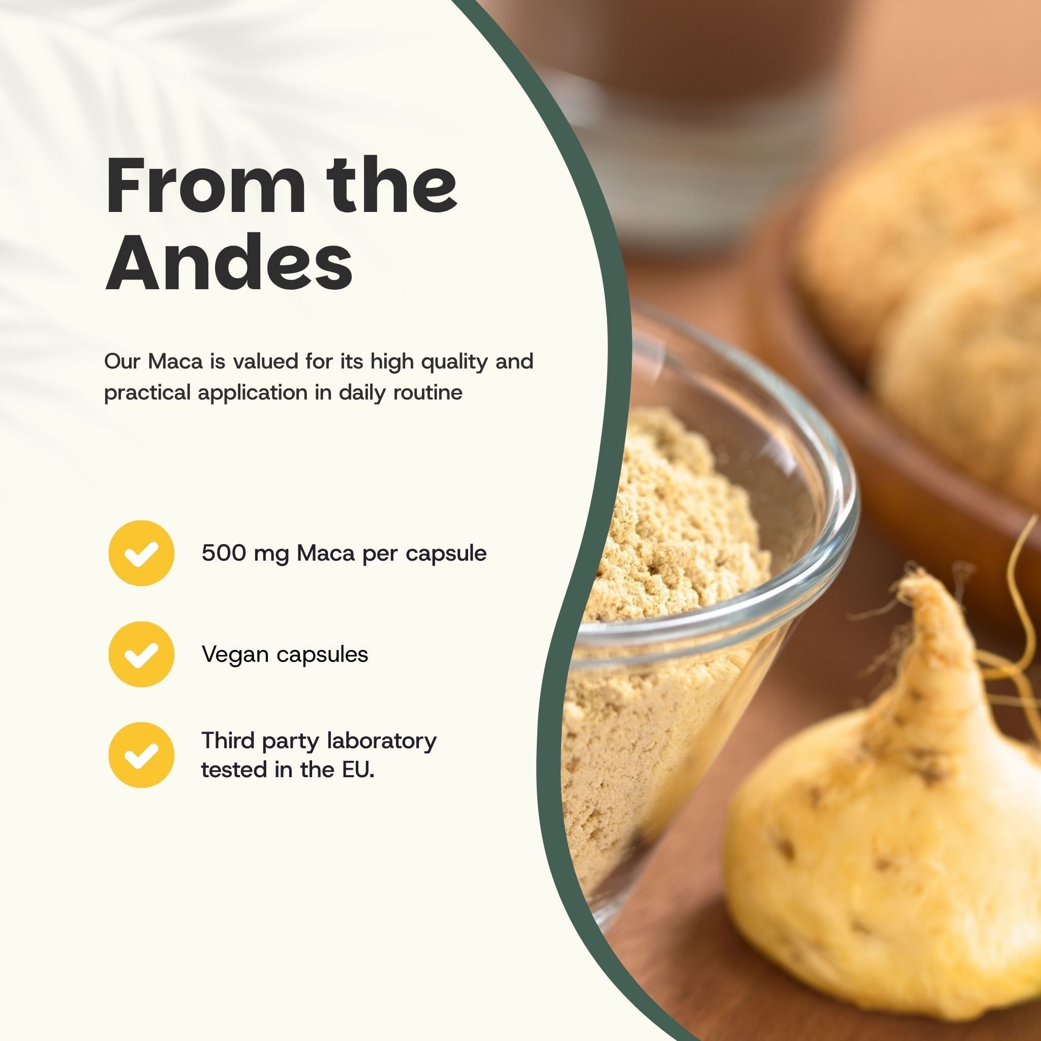 Gélule avec poudre. Texte: Gélules de Maca Bio. 100% naturel. Gélule végétalienne. Biologique. Sans charges.