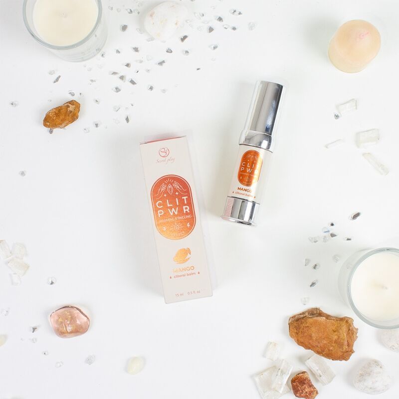 Product en verpakking. Opschrift: CLIT PWR Mango. Fles met zilveren dop.