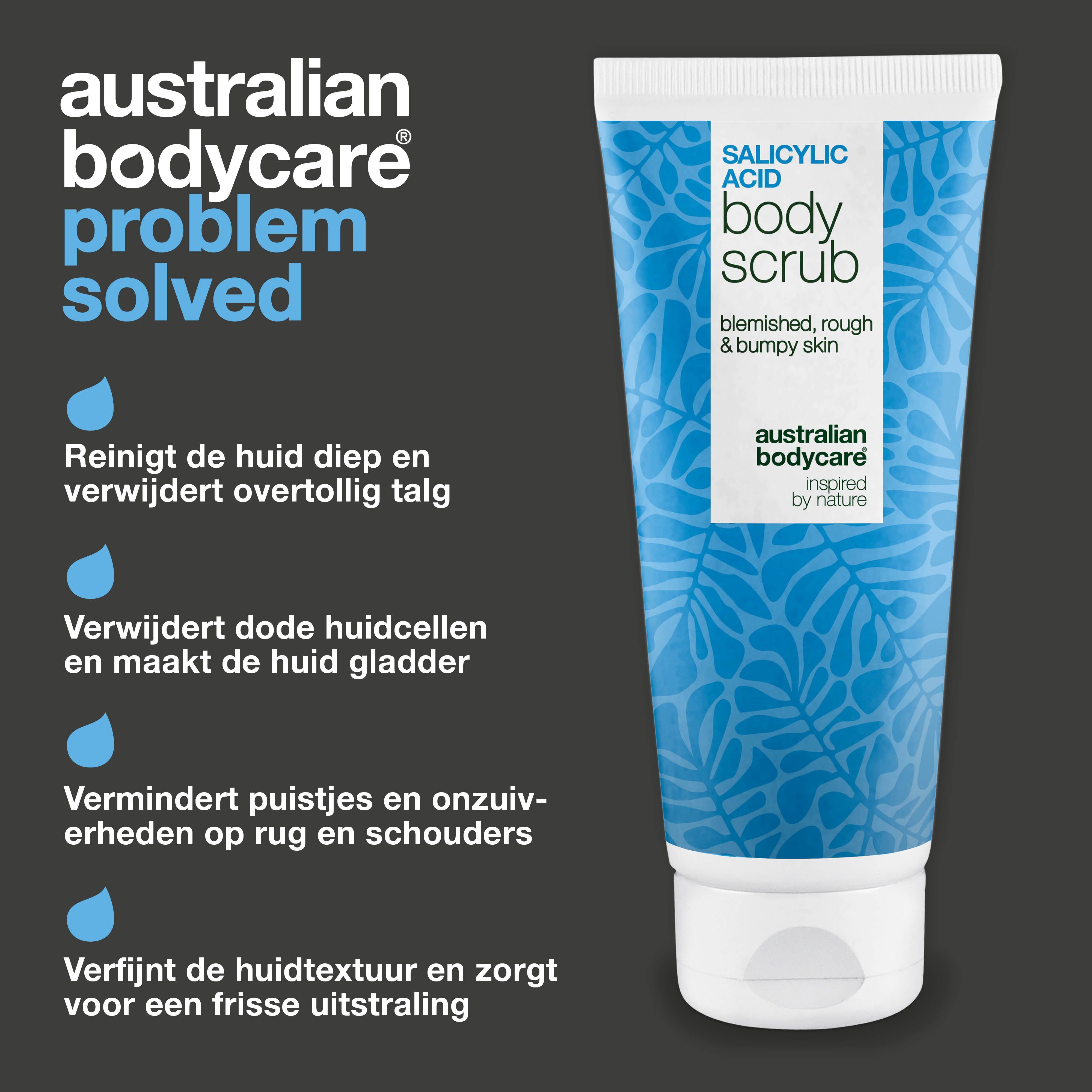 Tube Body Scrub. Tekst: Australian Bodycare, probleem opgelost. Blauwe druppels. Tekst: Reinigt, exfolieert, puistjes.