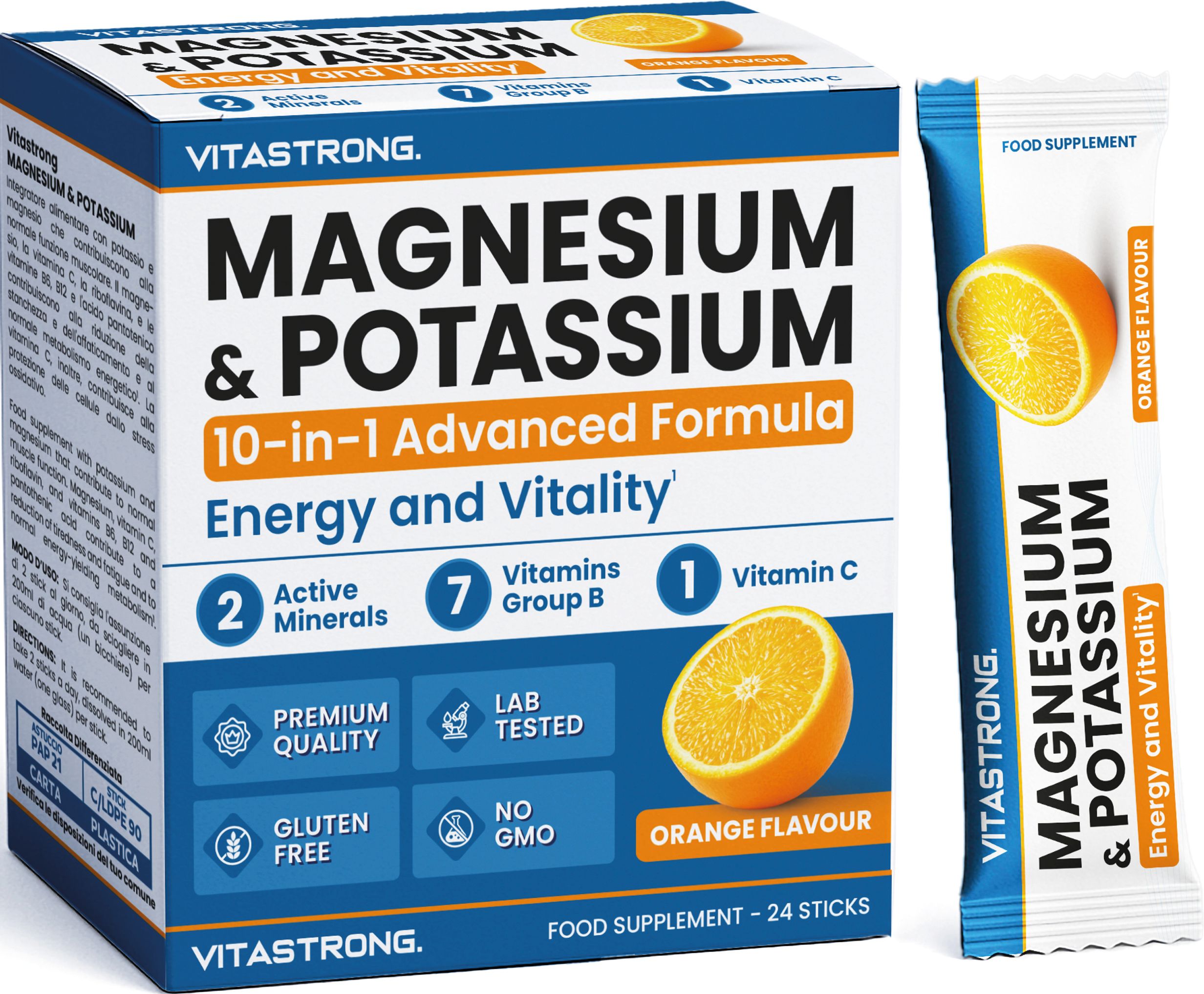 Vitastrong Magnesium & Kalium 24 sticks Sinaasappel. Doos met één stick.