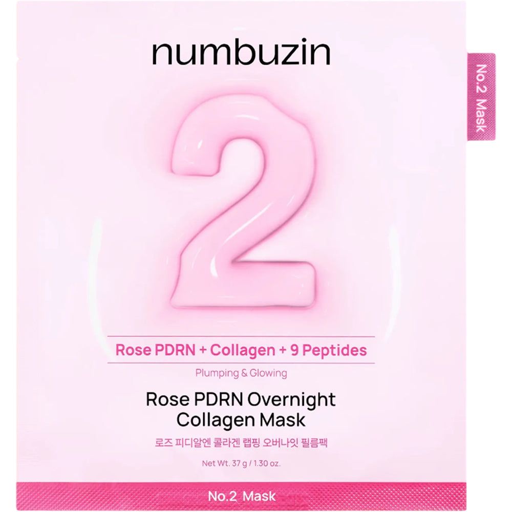 Emballage du masque hydratant collagène nuit Nr.2 Rose PDRN de NUMBUZIN avec un grand '2' rose.