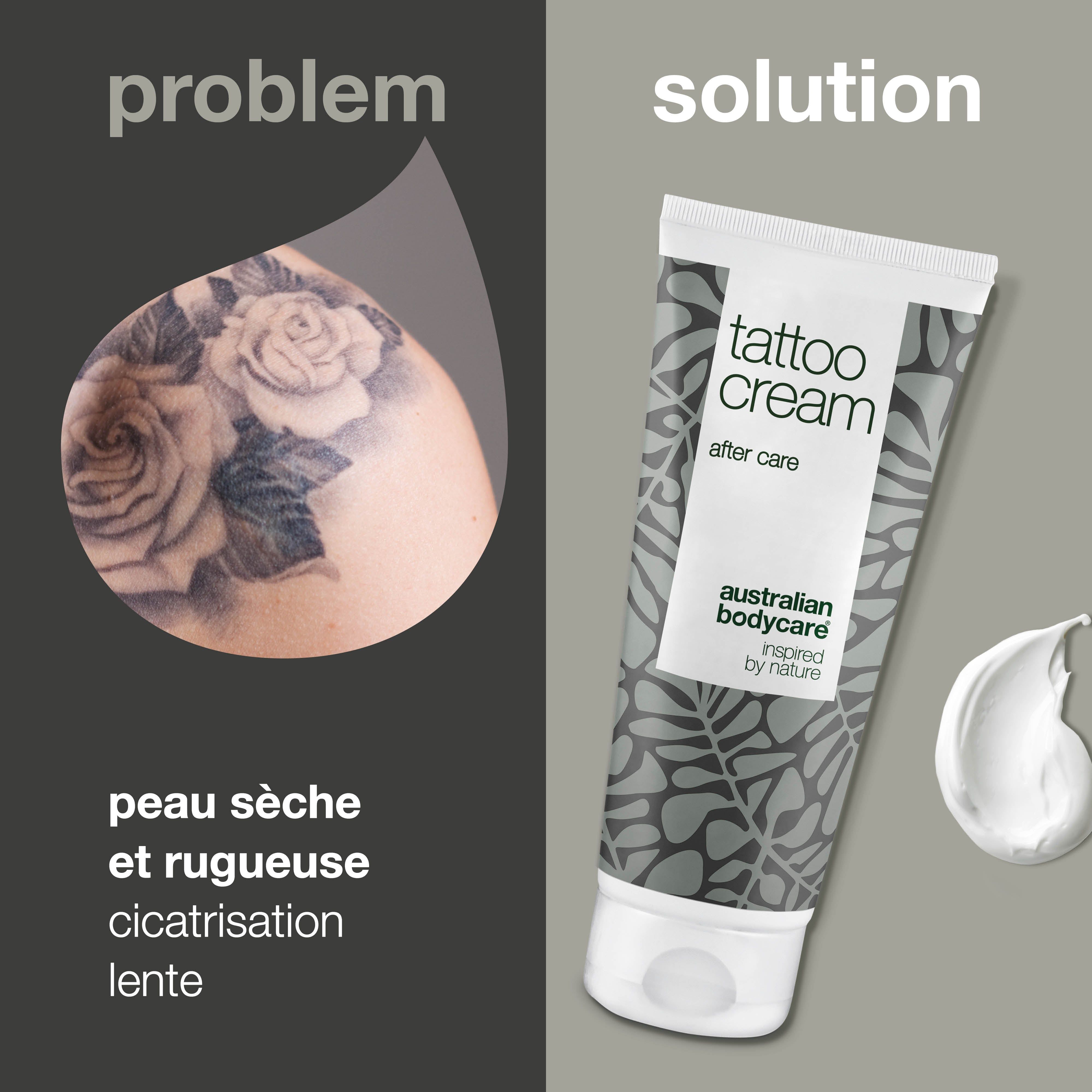 Comparaison : tatouage sur peau, problème. Solution : tube Tattoo Cream, goutte de crème. Texte : Peau sèche et rugueuse, cicatrisation lente.