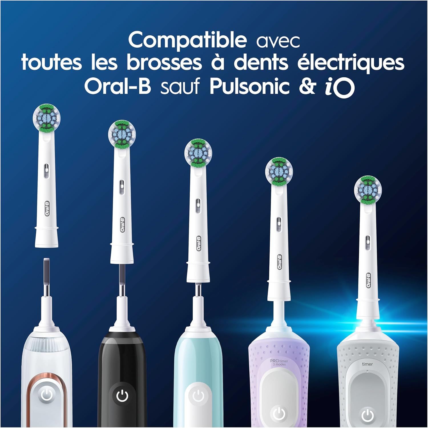 Cinq têtes de brosse à dents blanches avec poils verts, compatibles avec les brosses Oral-B (sauf Pulsonic & iO).