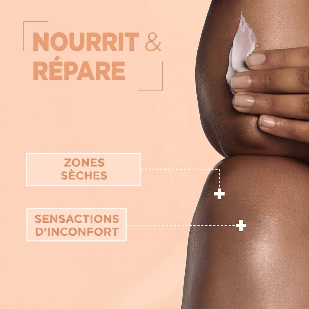 Une main applique une crème blanche sur la peau. Texte : Nourrit & répare.