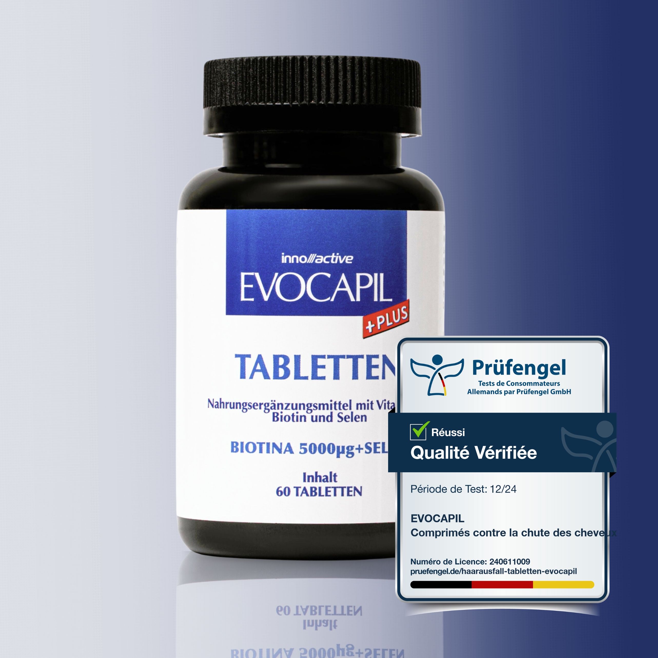 Flacon de comprimés Evocapil Plus avec sceau de qualité Prüfengel. Flacon noir, étiquette blanche. Inscription : Comprimés, Biotine, Sélénium.