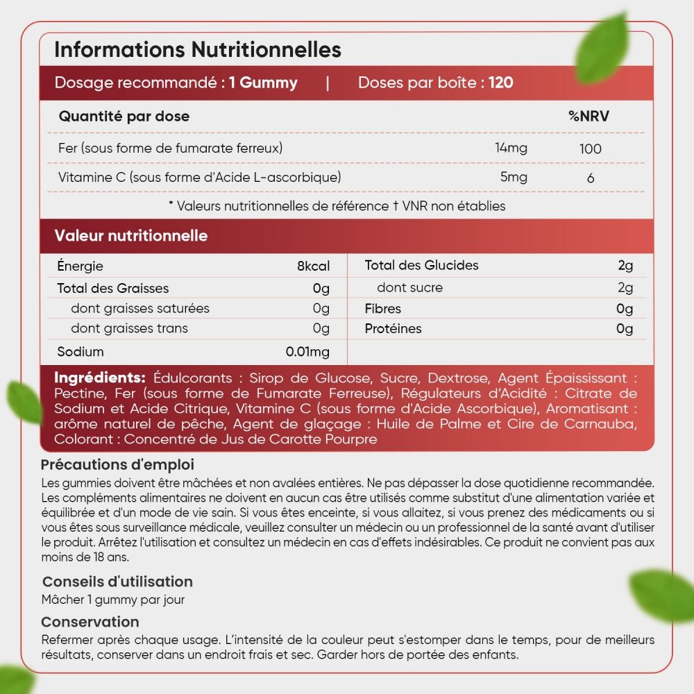 WeightWorld Gummies Fer & Vitamine C. Une main, des oursons en gélatine et des informations sont représentés.
