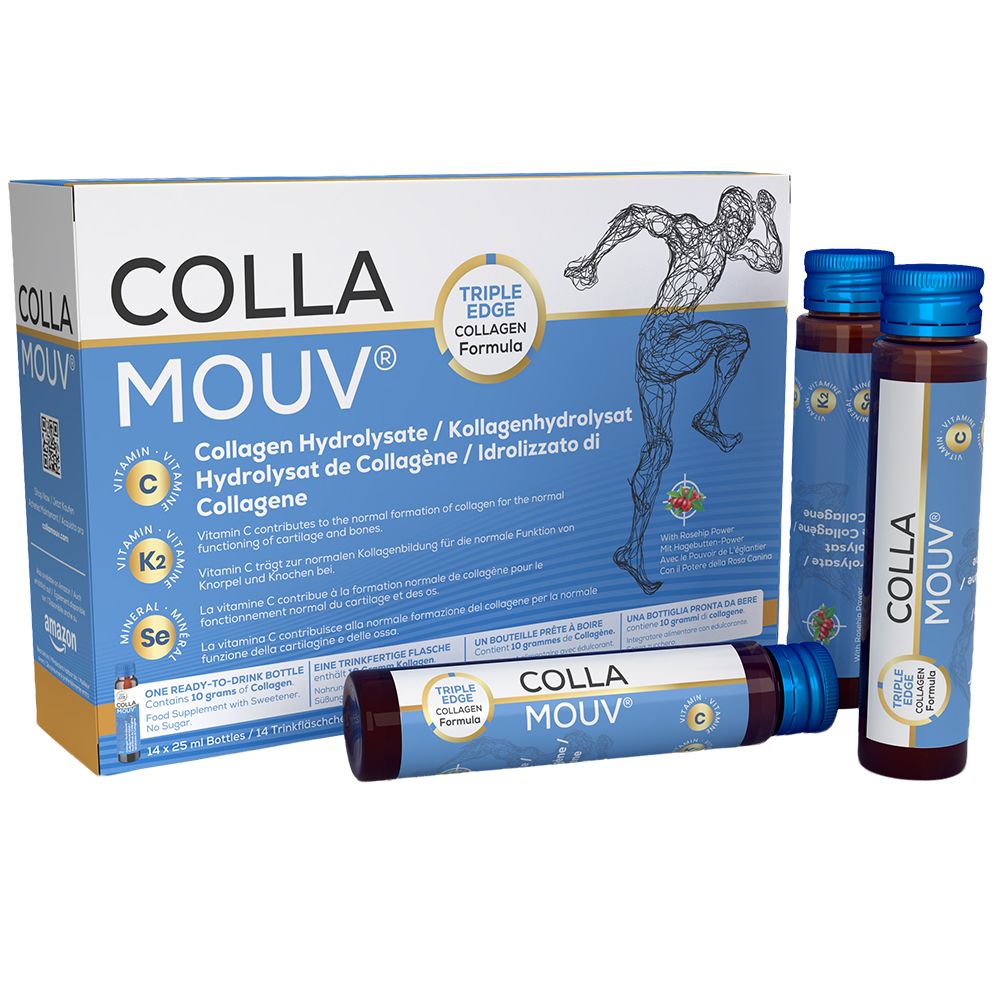BHW Collamouv Original Kollagen : Boîte de 25 flacons à boire et trois flacons individuels.